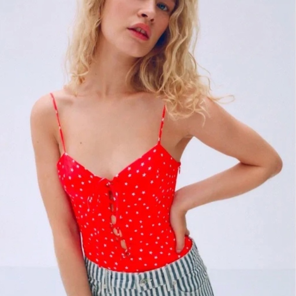 NWT Zara Red Star Printed Satin Effect Bodysuit Size S - Picture 4 of 8